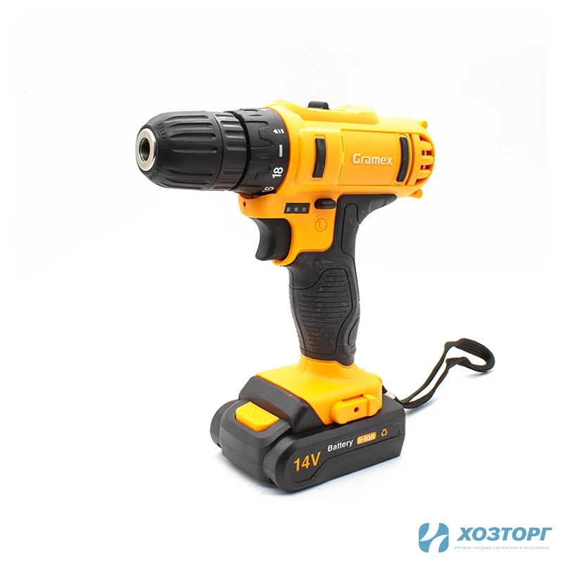  Дрель аккумуляторная Gramex HCD-14-2L(14,4В,пат-10мм, 2 скорости, аккум. Li-1.3А/ч) 2 акк (1/5) Уценка 35