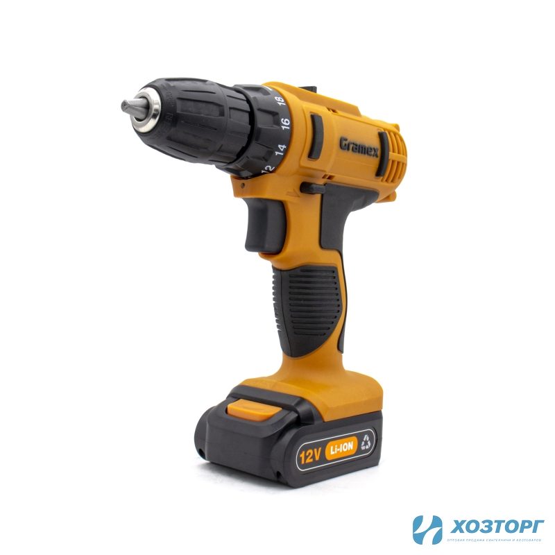  Дрель аккумуляторная Gramex HCD-12-2L ,12В,пат-10мм, 2 скорости, аккум. Li, 1.3А/ч,2 акк (1/5) Уценка 99